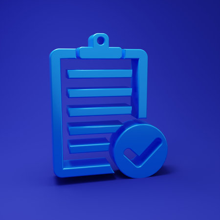 Blue Verification of delivery list clipboard and pen icon isolated on blue background. Minimalism concept. 3D render illustration.の写真素材