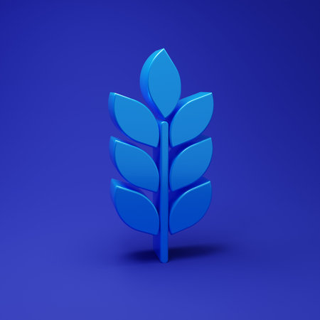 Blue Cereals set with rice, wheat, corn, oats, rye, barley icon isolated on blue background. Ears of wheat bread symbols. Minimalism concept. 3D render illustration.の写真素材