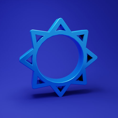 Blue Sun icon isolated on blue background. Minimalism concept. 3D render illustration.の写真素材