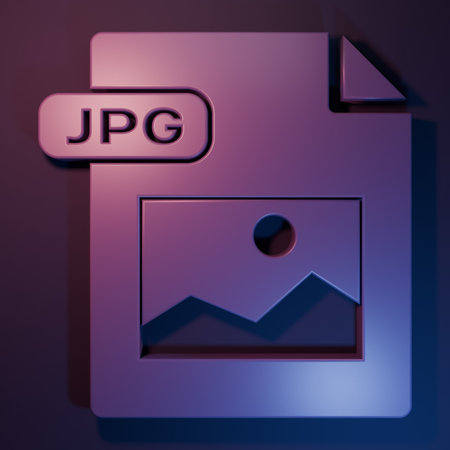 Purple JPG file document. Download image button icon isolated on purple-blue background. JPG file symbol. Minimalism concept. 3D render illustration.の写真素材