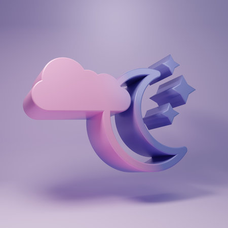 Purple Cloud with moon and stars icon isolated on purple background. Cloudy night sign. Sleep dreams symbol. Night or bed time sign. Minimalism concept. 3D render illustration.の写真素材