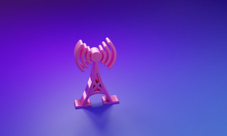 Pink Antenna icon isolated on purple-blue background. Radio antenna wireless. Technology and network signal radio antenna. Minimalism concept. 3D render illustration.の写真素材