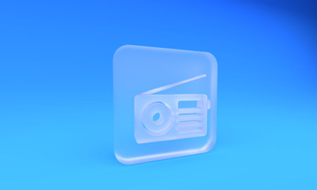 Frosted glass Radio with antenna icon isolated on blue background. Square frosted glass button. 3D render illustration.の写真素材