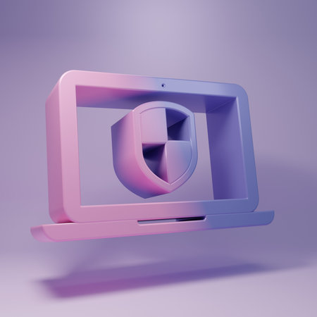 Purple Laptop protected with shield icon isolated on purple background. PC security, firewall technology, privacy safety. Minimalism concept. 3D render illustration.の写真素材