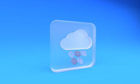 Frosted glass Cloud with snow and rain icon isolated on blue background. Weather icon. Square frosted glass button. 3D render illustration.の写真素材