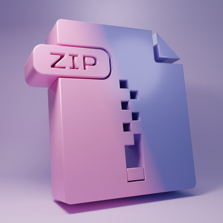 Purple ZIP file document. Download zip button icon isolated on purple background. ZIP file symbol. Minimalism concept. 3D render illustration.の写真素材