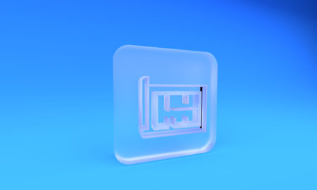 Frosted glass House plan icon isolated on blue background. Square frosted glass button. 3D render illustration.の写真素材