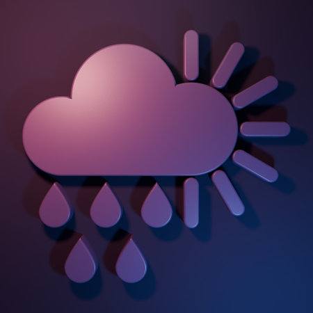 Purple Cloudy with rain and sun icon isolated on purple-blue background. Rain cloud precipitation with rain drops. Minimalism concept. 3D render illustration.の写真素材