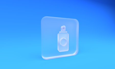 Frosted glass Spray can for air freshener, hairspray, deodorant, antiperspirant icon isolated on blue background. Square frosted glass button. 3D render illustration.の写真素材