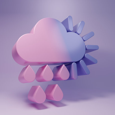 Purple Cloudy with rain and sun icon isolated on purple background. Rain cloud precipitation with rain drops. Minimalism concept. 3D render illustration.の写真素材