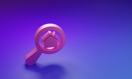 Pink Search house icon isolated on purple-blue background. Real estate symbol of a house under magnifying glass. Minimalism concept. 3D render illustration.の写真素材