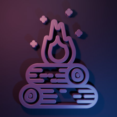 Purple Campfire icon isolated on purple-blue background. Burning bonfire with wood. Minimalism concept. 3D render illustration.の写真素材