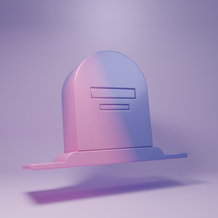 Purple Tombstone with RIP written on it icon isolated on purple background. Grave icon. Minimalism concept. 3D render illustration.の写真素材