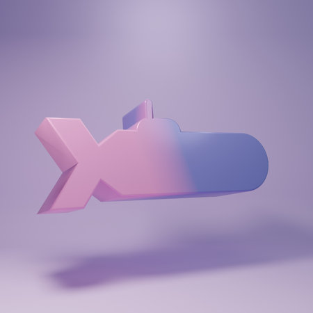 Purple Submarine icon isolated on purple background. Military ship. Minimalism concept. 3D render illustration.の写真素材