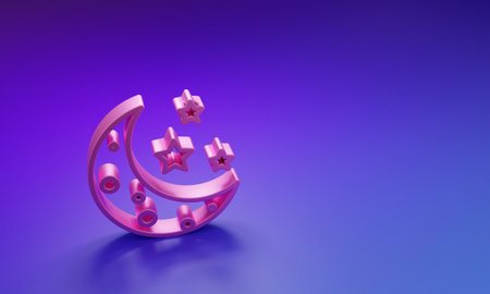Pink Moon and stars icon isolated on purple-blue background. Minimalism concept. 3D render illustration.の写真素材