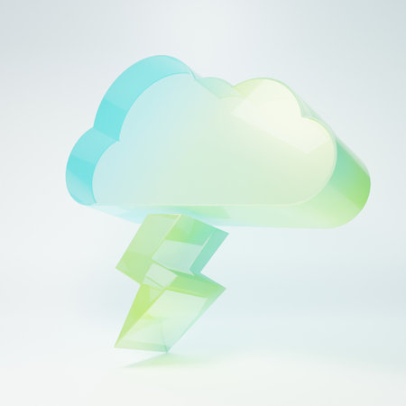 Frosted glass Storm icon isolated on white background. Cloud and lightning sign. Weather icon of storm. Minimalism concept. 3D render illustration.の写真素材