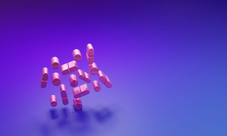 Pink Medicine pill or tablet icon isolated on purple-blue background. Capsule pill and drug sign. Pharmacy design. Minimalism concept. 3D render illustration.の写真素材