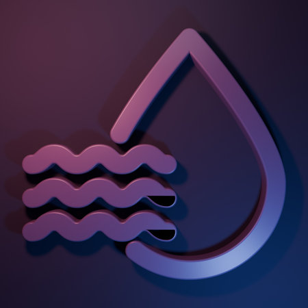 Purple Water drop percentage icon isolated on purple-blue background. Humidity analysis. Minimalism concept. 3D render illustration.の写真素材