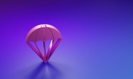 Pink Parachute icon isolated on purple-blue background. Minimalism concept. 3D render illustration.の写真素材