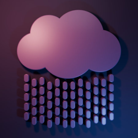 Purple Cloud with rain icon isolated on purple-blue background. Rain cloud precipitation with rain...