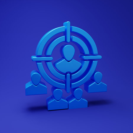 Blue Marketing target strategy concept icon isolated on blue background. Aim with people sign. Minimalism concept. 3D render illustration.の写真素材