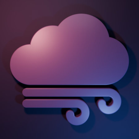 Purple Windy weather icon isolated on purple-blue background. Cloud and wind. Minimalism concept. 3D...