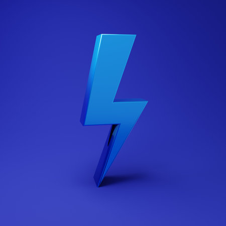 Blue Lightning bolt icon isolated on blue background. Flash icon. Charge flash icon. Thunderbolt. Lighting strike. Minimalism concept. 3D render illustration.の写真素材