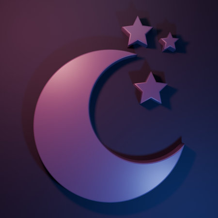 Purple Moon and stars icon isolated on purple-blue background. Minimalism concept. 3D render illustration.の写真素材