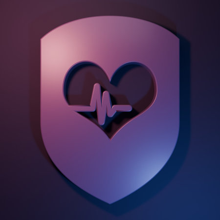 Purple Shield and heart rate icon isolated on purple-blue background. Health protection concept. Health care. Minimalism concept. 3D render illustration.の写真素材
