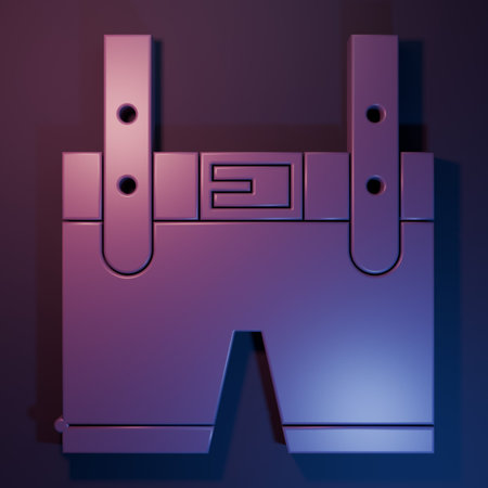 Purple Lederhosen icon isolated on purple-blue background. Traditional bavarian clothing. Oktoberfest outfit. Pants with suspenders. Patrick's day. Minimalism concept. 3D render illustration.の写真素材