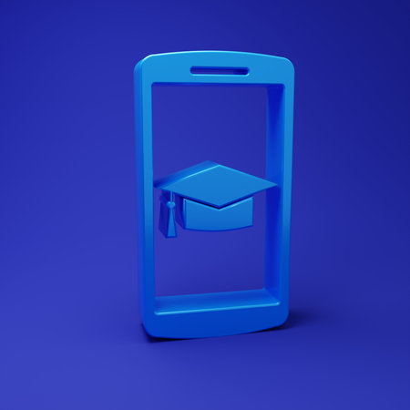 Blue Graduation cap on screen smartphone icon isolated on blue background. Online learning or e-learning concept. Minimalism concept. 3D render illustration.の写真素材