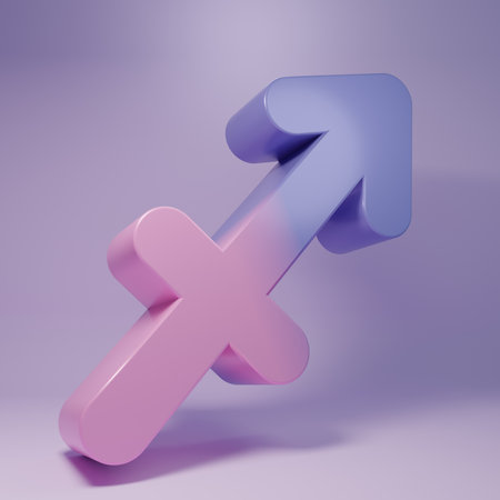 Purple Sagittarius zodiac sign icon isolated on purple background. Astrological horoscope collection. Minimalism concept. 3D render illustration.の写真素材