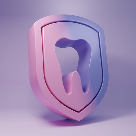 Purple Dental protection icon isolated on purple background. Tooth on shield logo icon. Minimalism concept. 3D render illustration.の写真素材