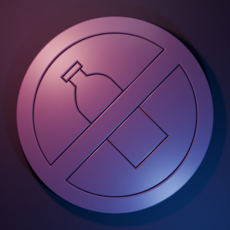 Purple No plastic bottle icon isolated on purple-blue background. Minimalism concept. 3D render illustration.の写真素材