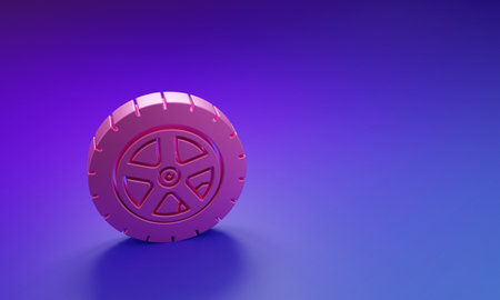 Pink Car wheel icon isolated on purple-blue background. Minimalism concept. 3D render illustration.の写真素材
