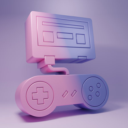 Purple Video game console with joystick icon isolated on purple background. Minimalism concept. 3D render illustration.の写真素材