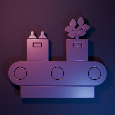 Purple Conveyor belt with cardboard box icon isolated on purple-blue background. Minimalism concept. 3D render illustration.の写真素材