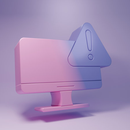 Purple Computer monitor with exclamation mark icon isolated on purple background. Alert message smartphone notification. Minimalism concept. 3D render illustration.の写真素材