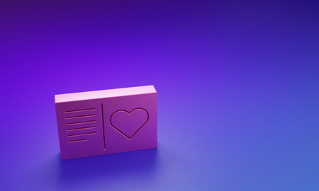 Pink Valentines day flyer with heart icon isolated on purple-blue background. Celebration poster template for invitation or greeting card. Minimalism concept. 3D render illustration.の写真素材