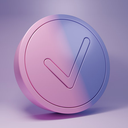 Purple Check mark in circle icon isolated on purple background. Choice button sign. Checkmark symbol. Minimalism concept. 3D render illustration.の写真素材