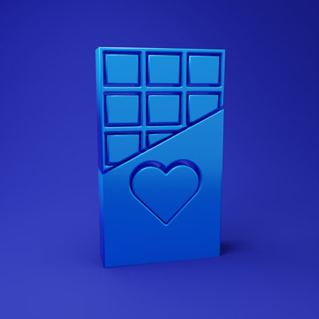 Blue Chocolate bar icon isolated on blue background. Valentines day symbol. Minimalism concept. 3D render illustration.の写真素材