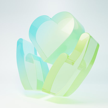 Frosted glass Heart in hand icon isolated on white background. Hand giving love symbol. Valentines day symbol. Minimalism concept. 3D render illustration.の写真素材