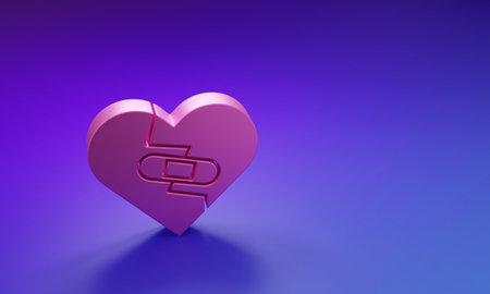 Pink Healed broken heart or divorce icon isolated on purple-blue background. Shattered and patched heart. Love symbol. Valentines day. Minimalism concept. 3D render illustration.の写真素材
