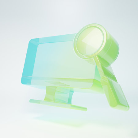 Frosted glass Computer monitor diagnostics icon isolated on white background. Adjusting app, service, setting options, maintenance, repair. Minimalism concept. 3D render illustration.の写真素材