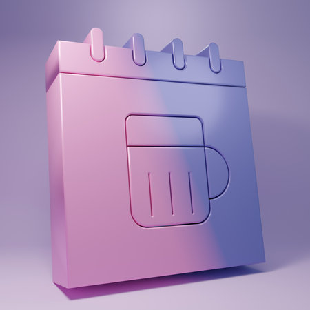 Purple Saint Patricks day with calendar icon isolated on purple background. Four leaf clover symbol. Date 17 March. Minimalism concept. 3D render illustration.の写真素材