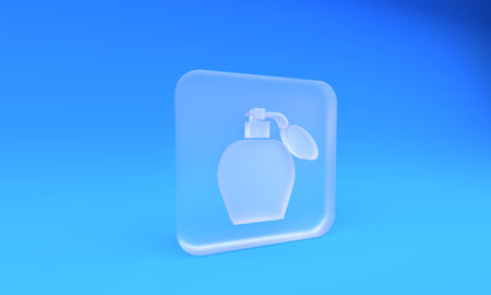 Frosted glass Perfume icon isolated on blue background. Square frosted glass button. 3D render illustration.の写真素材