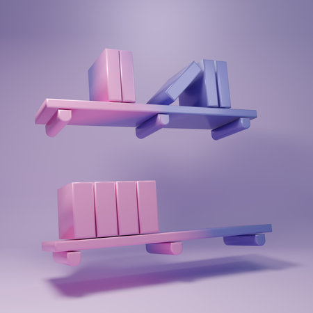 Purple Shelf with books icon isolated on purple background. Shelves sign. Minimalism concept. 3D render illustration.の写真素材