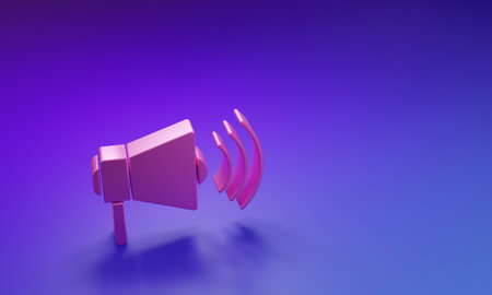Pink Megaphone icon isolated on purple-blue background. Loud speech alert concept. Bullhorn for Mouthpiece scream promotion. Minimalism concept. 3D render illustration.の写真素材