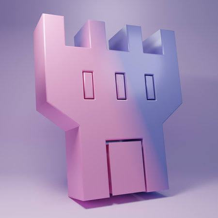 Purple Castle tower icon isolated on purple background. Fortress sign. Minimalism concept. 3D render illustration.の写真素材