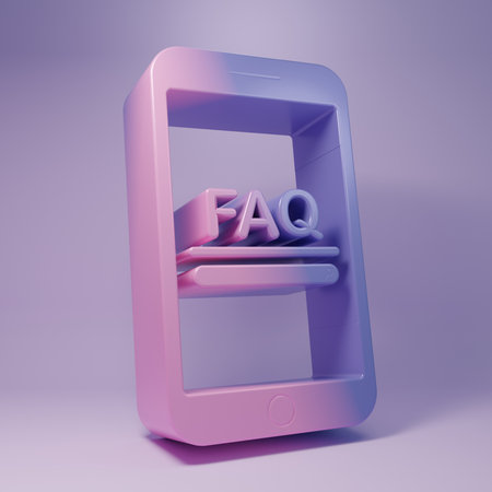 Purple Mobile phone with text FAQ information icon isolated on purple background. Frequently asked...